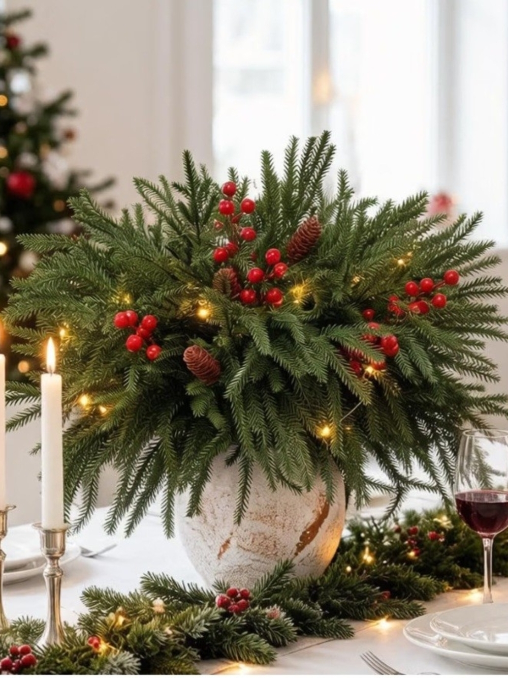 Holiday Norfolk Pine Stems with Poinsettias and Pinecones. 12 Pieces. NWT.